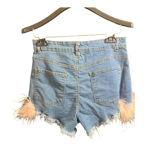 Daisy Dukes Denim Shorts with Pink Feather Trim - Picture 2 of 5